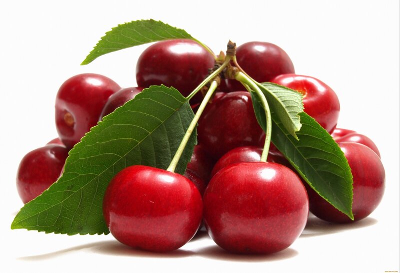 Red Cherries with Leaves — Fresh, Photograph, Stem