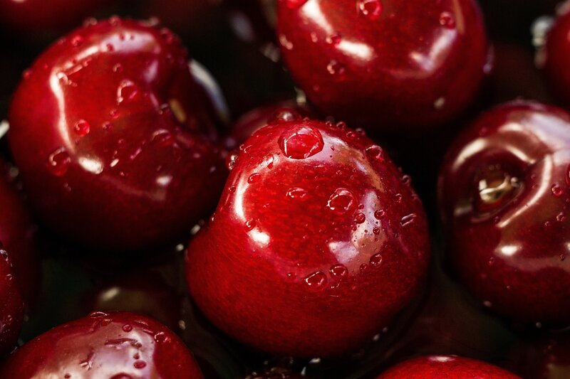 Red Cherries with Water Droplets — Dramatic, Photograph, Water Droplets