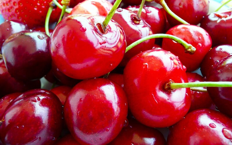 Red Cherries with Water Droplets — Fresh, Photograph, Strawberry, Green Stems