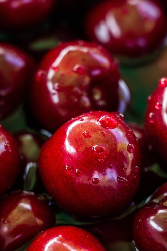 Red Cherries with Water Droplets — Fresh, Photograph, Water Droplets, Green Leaves