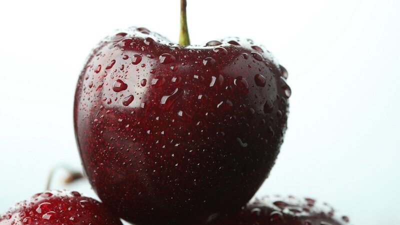 Red Cherries with Water Droplets — Fresh, Photograph, Water Droplets, Stem