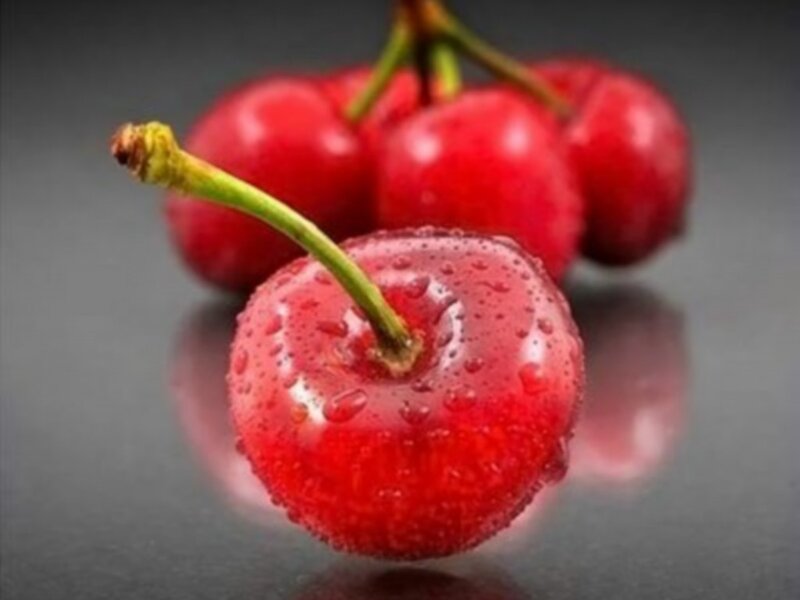 Red Cherries with Water Droplets — Fresh, Photograph, Water Droplets, Stems, Reflection