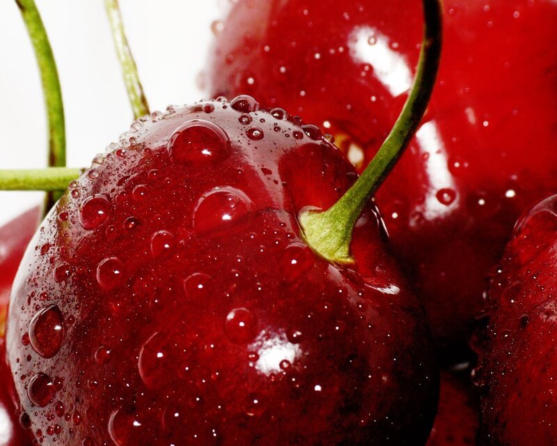 Red Cherries with Water Droplets — Fresh, Photograph, Water Droplets, Stems