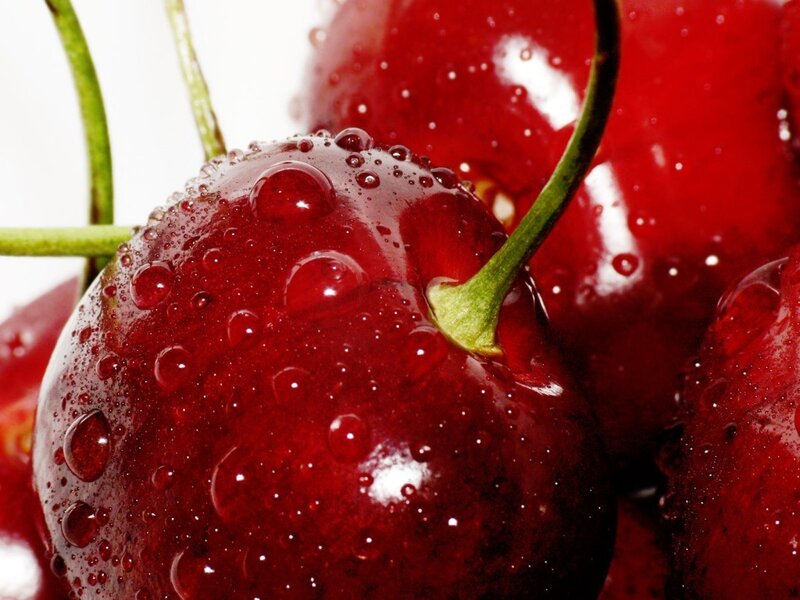 Red Cherries with Water Droplets — Fresh, Stems
