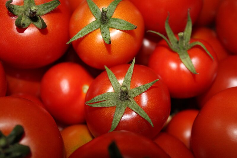Red Cherry Tomatoes — Fresh, Photograph, Green Stems