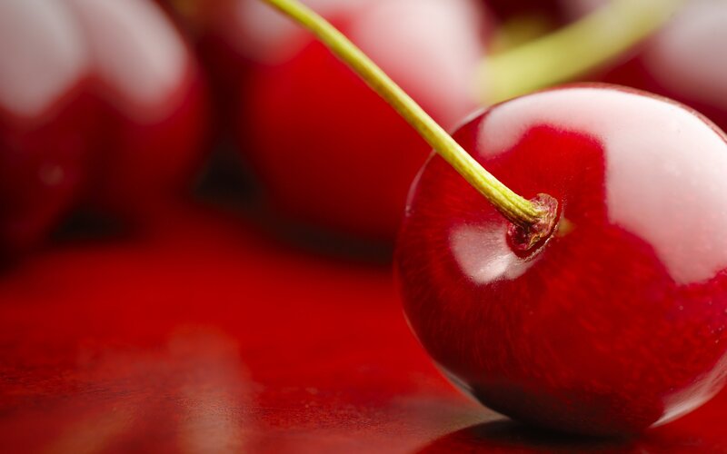 Red Cherry with Stem — Close-up, Photograph