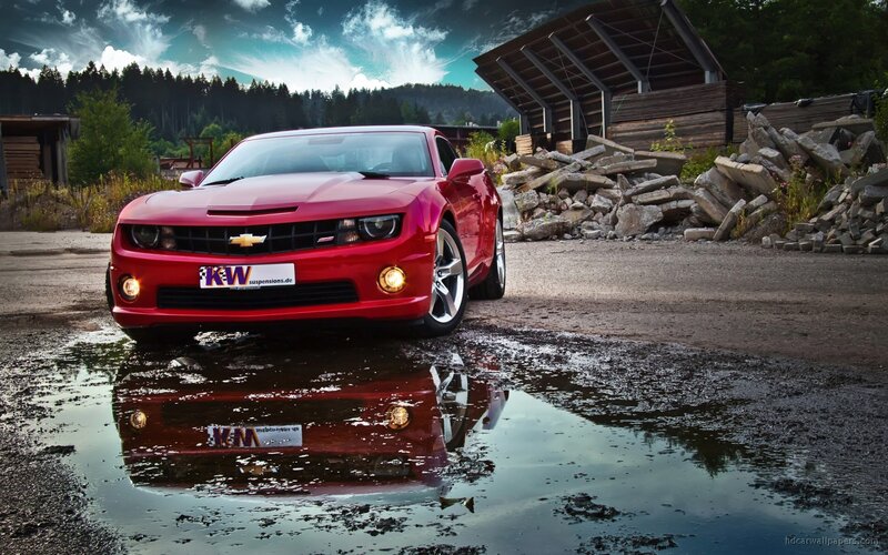 Red Chevrolet Camaro — Dramatic, Afternoon, Photograph, Puddle