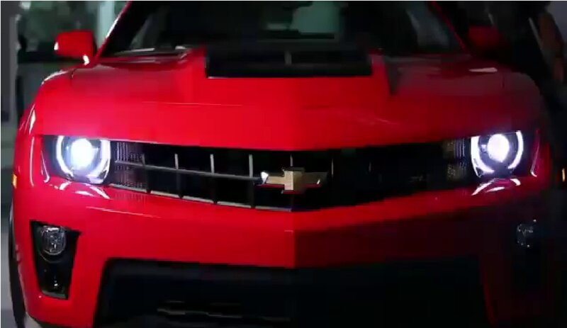 Red Chevrolet Camaro — Dramatic, Night, Photograph, Headlights