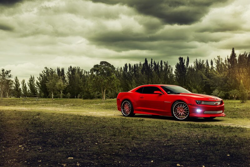 Red Chevrolet Camaro — Dramatic, Photograph, Car, Trees, Sky