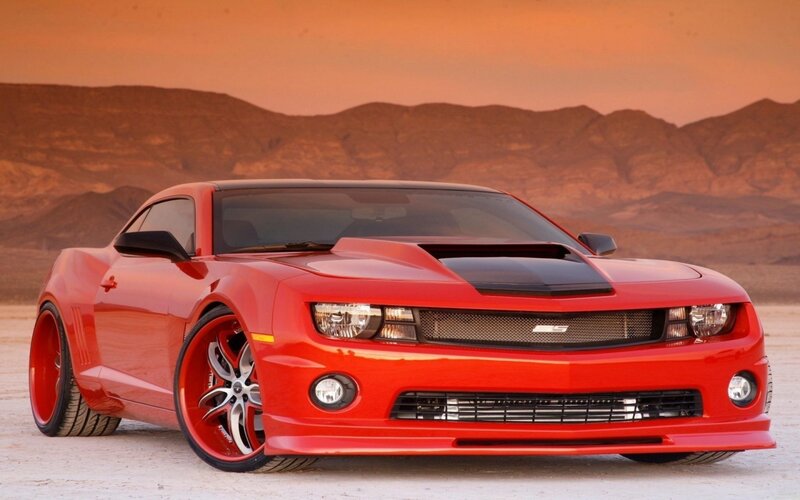 Red Chevrolet Camaro — Dramatic, Sunset, Photograph, Mountains