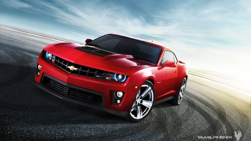 Red Chevrolet Camaro on track
