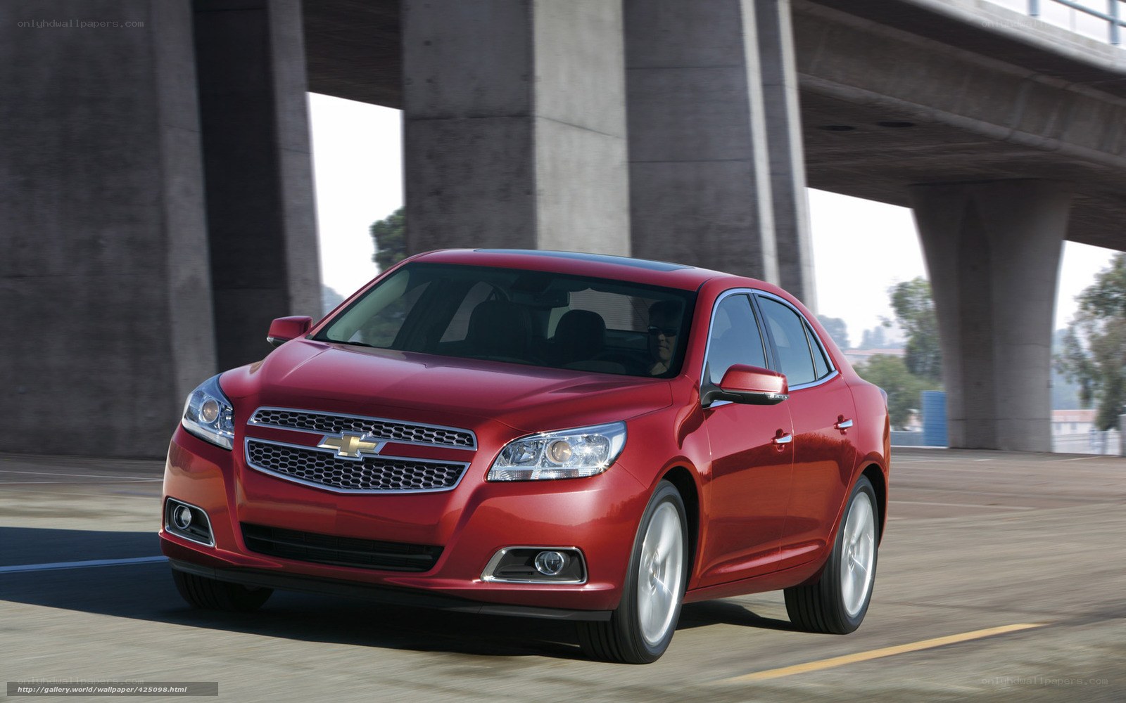 Red Chevrolet Malibu driving under bridge