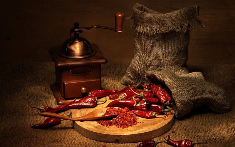 Red Chili Peppers on Board — Brown, Dramatic, Photograph