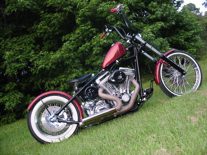 Red Chopper Motorcycle — Calm, Afternoon, Photograph, Grass