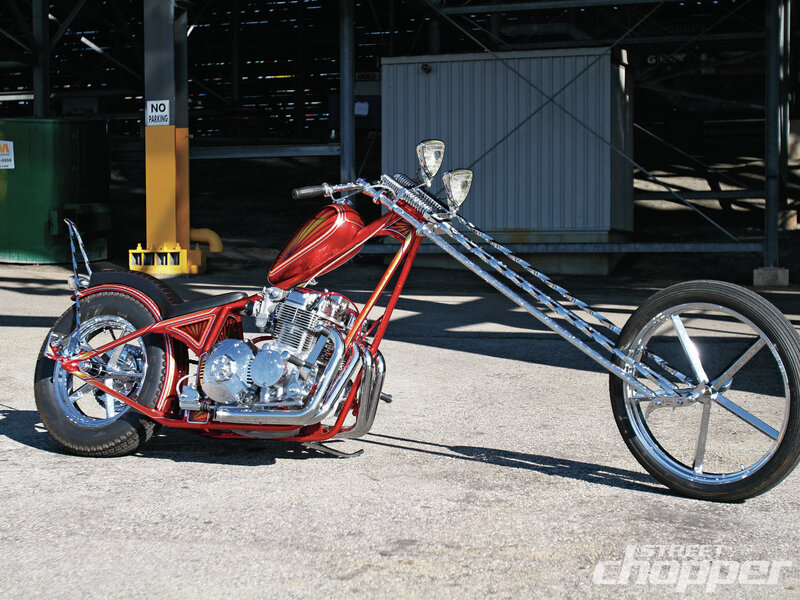 Red Chopper Motorcycle — Dramatic, Afternoon, Photograph