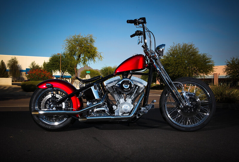 Red Chopper Motorcycle — Dramatic, Afternoon