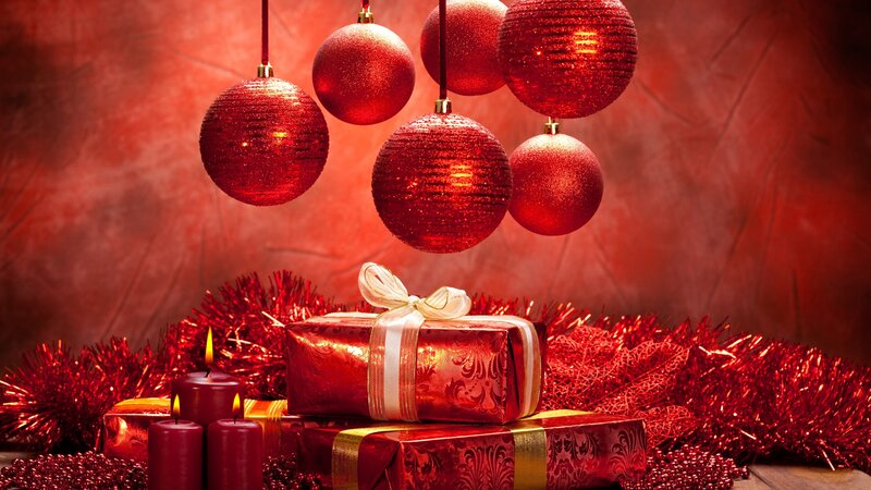 Red Christmas ornaments and gifts