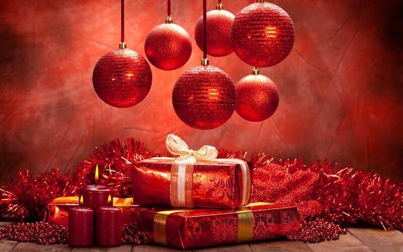Red Christmas ornaments and gifts