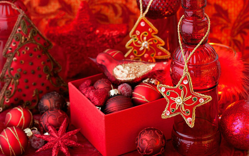 Red Christmas Ornaments — Festive, Winter, Photograph, Box