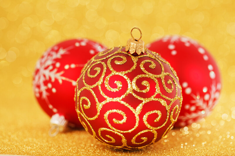 Red Christmas Ornaments — Festive, Winter, Photograph, Gold Glitter