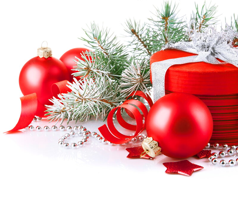 Red Christmas Ornaments — Festive, Winter, Photograph, Pine Branches