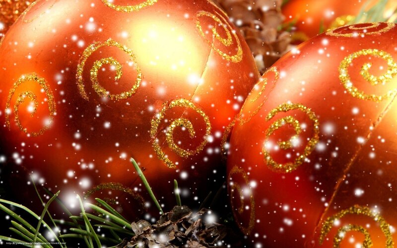 Red Christmas Ornaments — Festive, Winter, Photograph, Snowflakes, Pine Needles