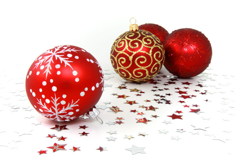 Red Christmas Ornaments — Festive, Winter, Photograph, Snowflakes