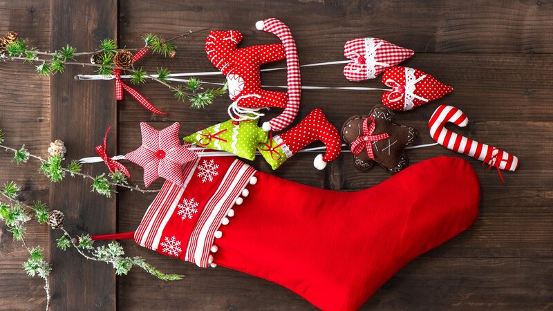 Red Christmas Stocking — Festive, Winter, Photograph, Ornaments, Pine Branches