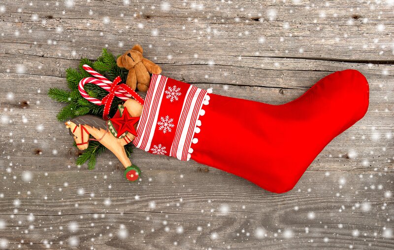 Red Christmas Stocking — Festive, Winter, Photograph, Teddy Bear