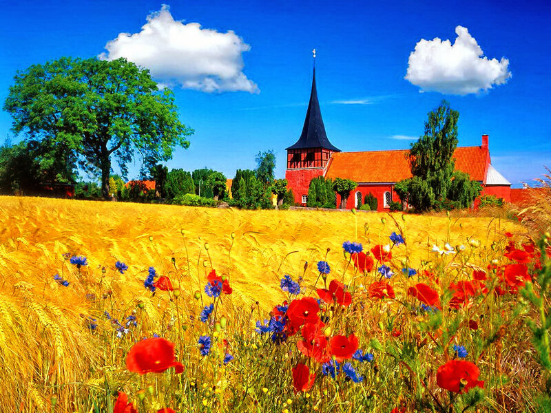 Red Church in Field