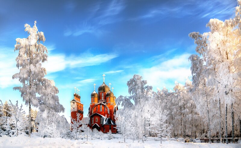 Red Church in Snow — Blue, Serene