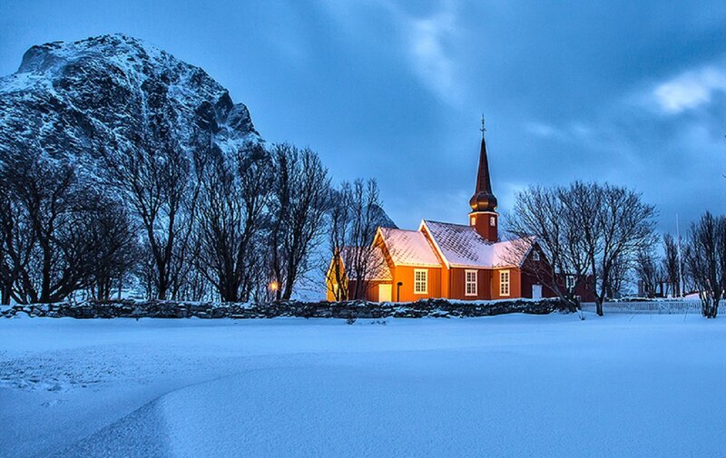 Red Church in Snow — Blue