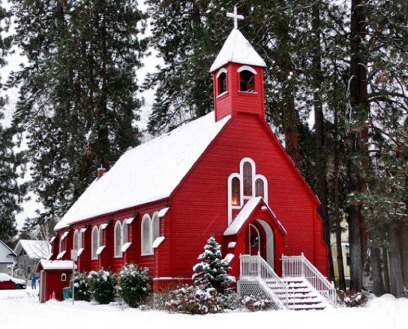 Red Church in Snow — Serene