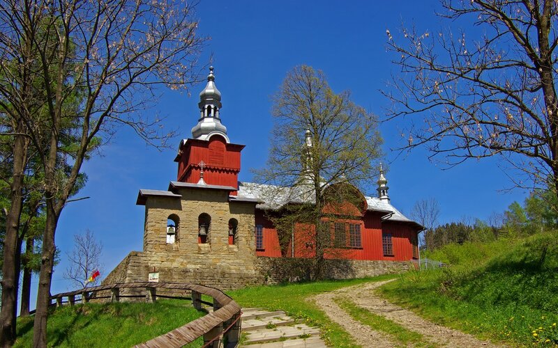 Red church on a hill