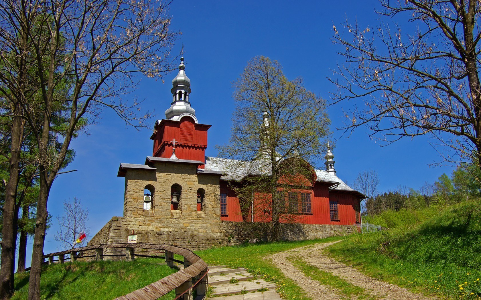 Red church on a hill
