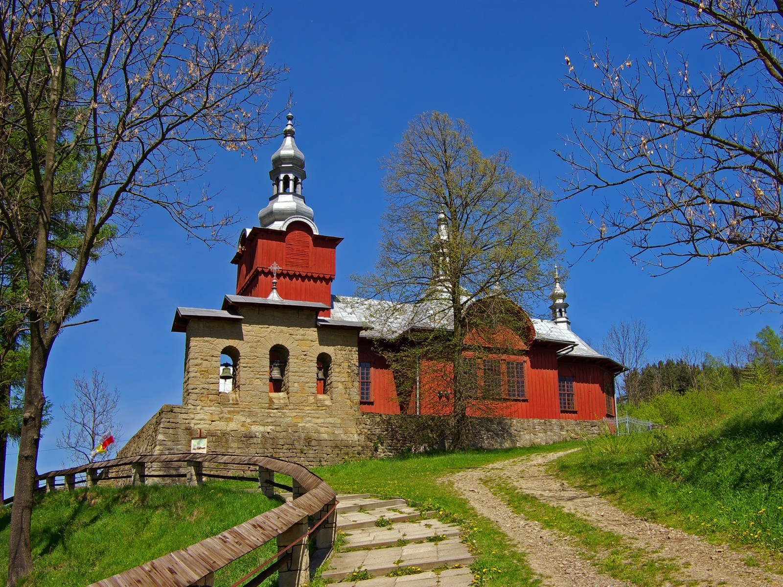 Red church on a hill