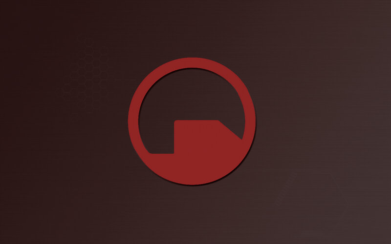 red circular logo on dark background