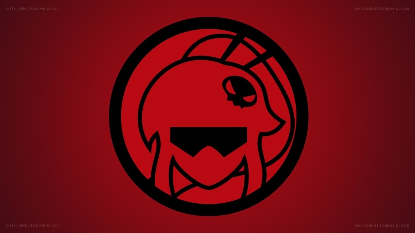 red circular logo with stylized face