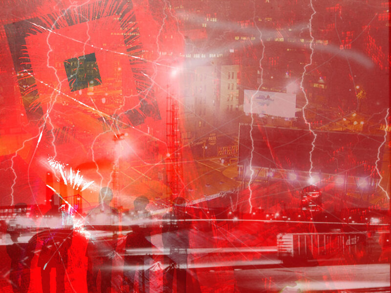 Red city with lightning effects