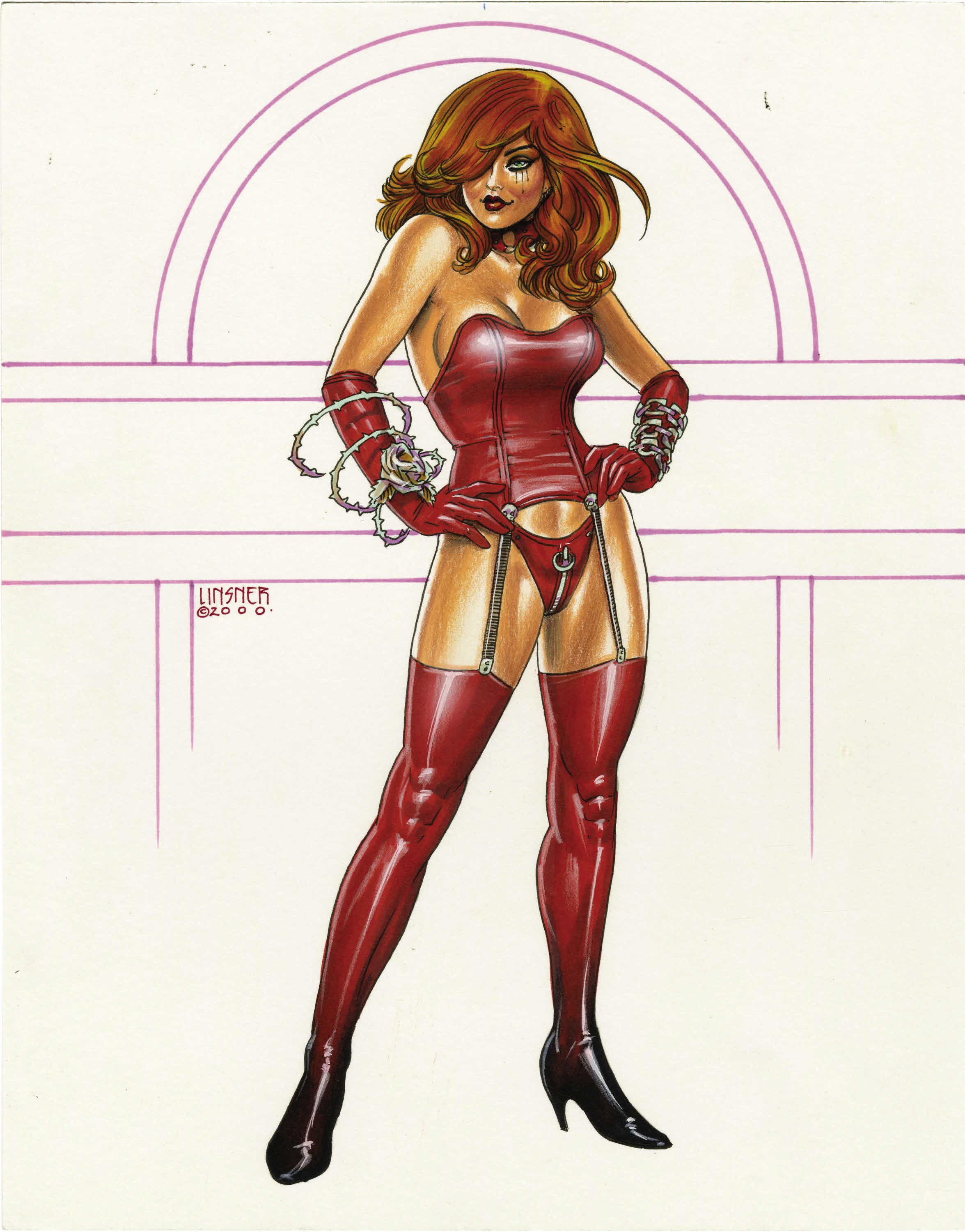 Red-clad female character illustration