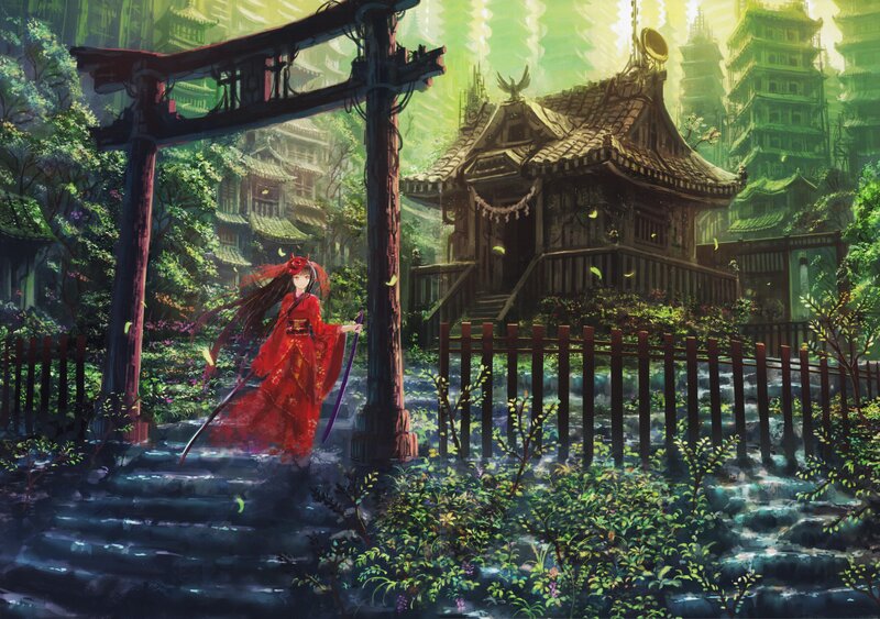 Red-clad girl in a forest shrine