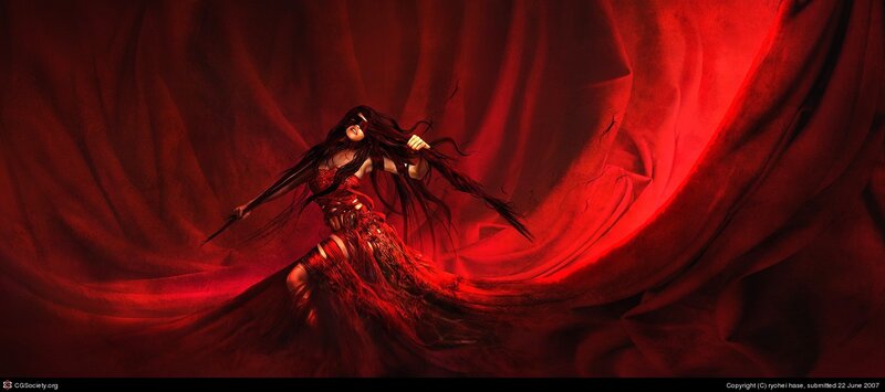 Red-clad warrior in motion