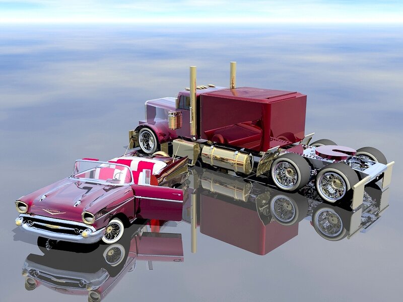 Red classic car and truck