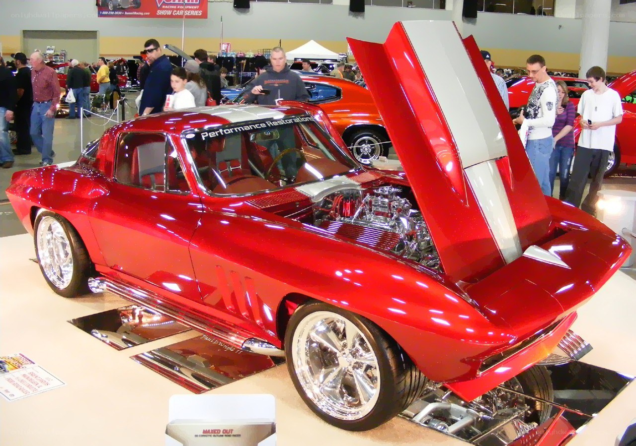 Red classic car at show