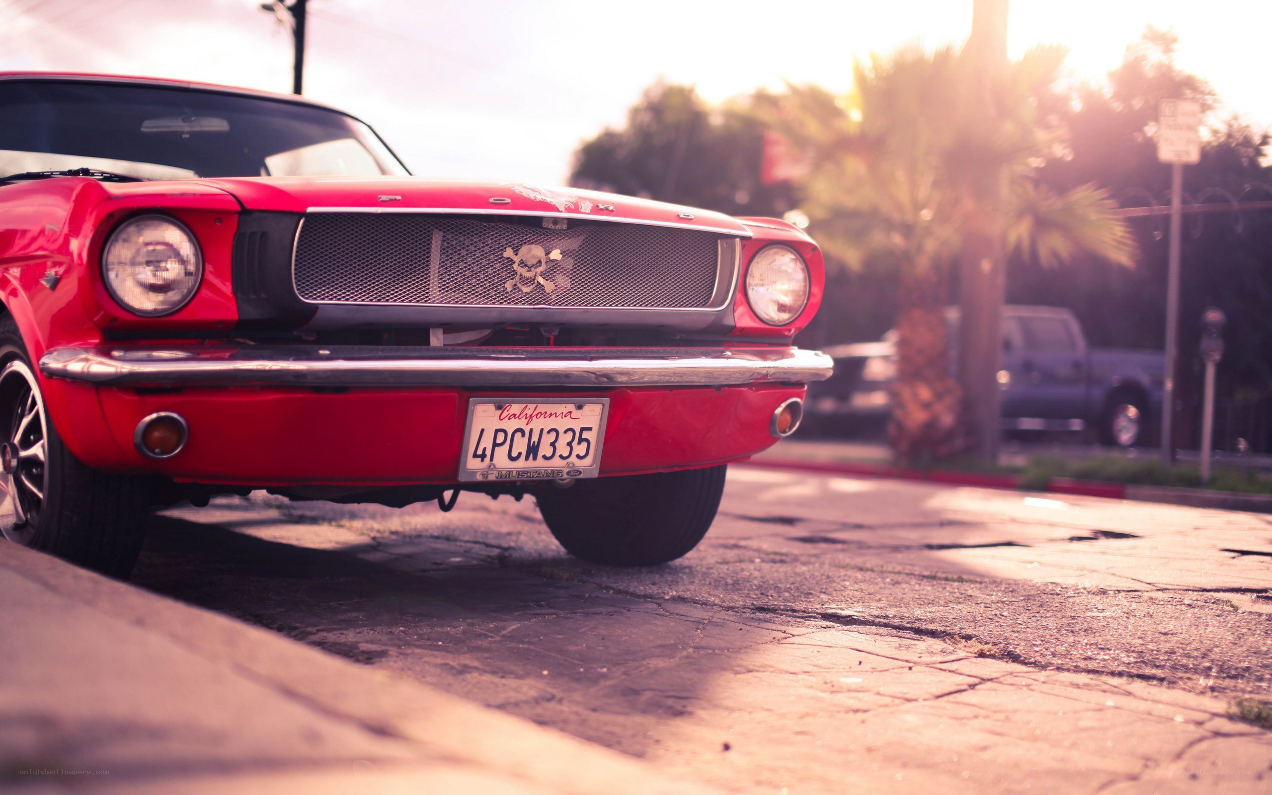 Red classic car at sunset