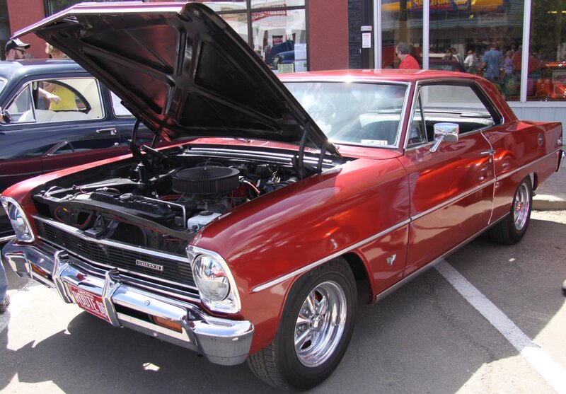 Red Classic Car — Bright, Afternoon, Photograph, Car Show, Open Hood