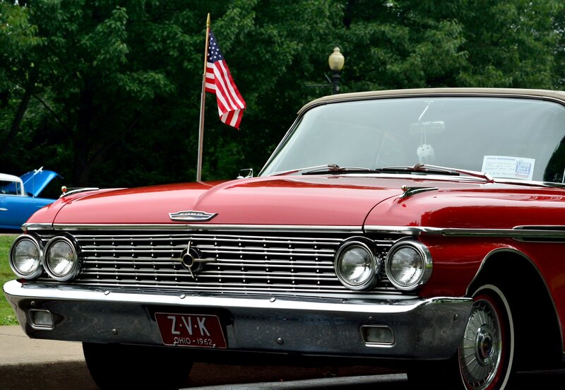 Red Classic Car — Calm, Afternoon, Photograph, American Flag