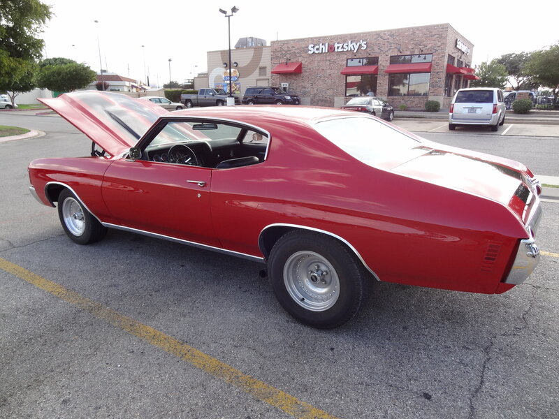 Red Classic Car — Calm, Afternoon, Photograph, Building, Parking Lot