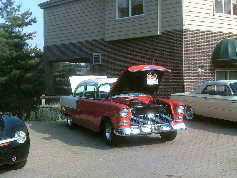 Red Classic Car — Calm, Afternoon, Photograph, Building, Trees