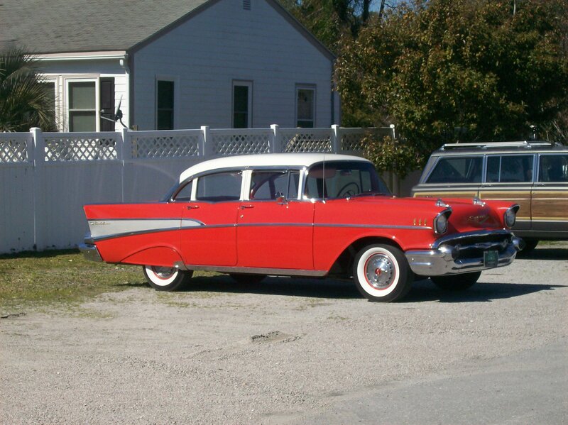 Red Classic Car — Calm, Afternoon, Photograph, House, Fence